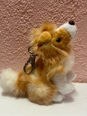 Russ Berrie Long Hair Corgi Dog Plush Keychain Metal backpack Clip Collie Orange